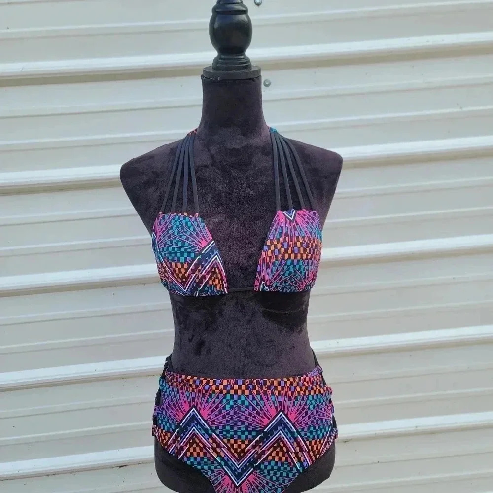NWT Tart Collections Purple Blue Black Print Brynn Lace Up Bikini Top Bottoms L